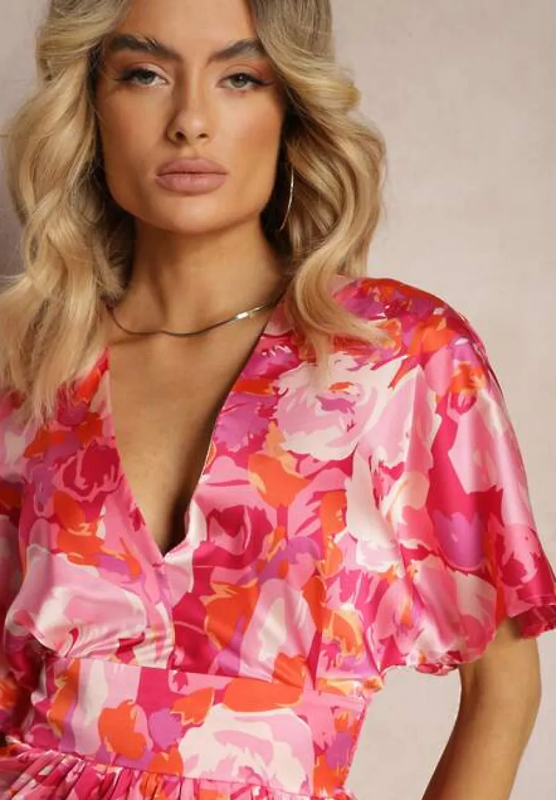 Różowa Satynowa Sukienka z Kopertową Górą Luźnymi Rękawami i Rozkloszowanym Krojem Karlemia