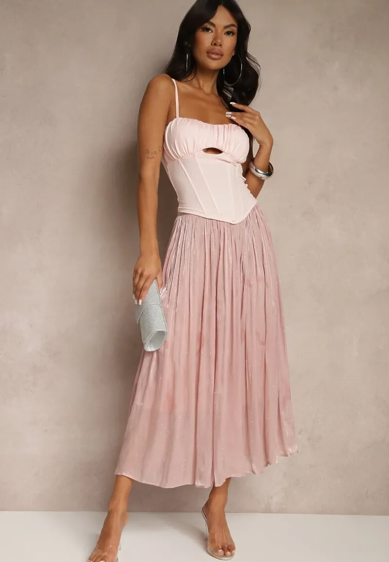 Różowa Spódnica o Rozkloszowanym Kroju z Ozdobnymi Cyrkoniami Folaressa