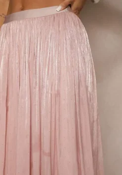 Różowa Spódnica o Rozkloszowanym Kroju z Ozdobnymi Cyrkoniami Folaressa