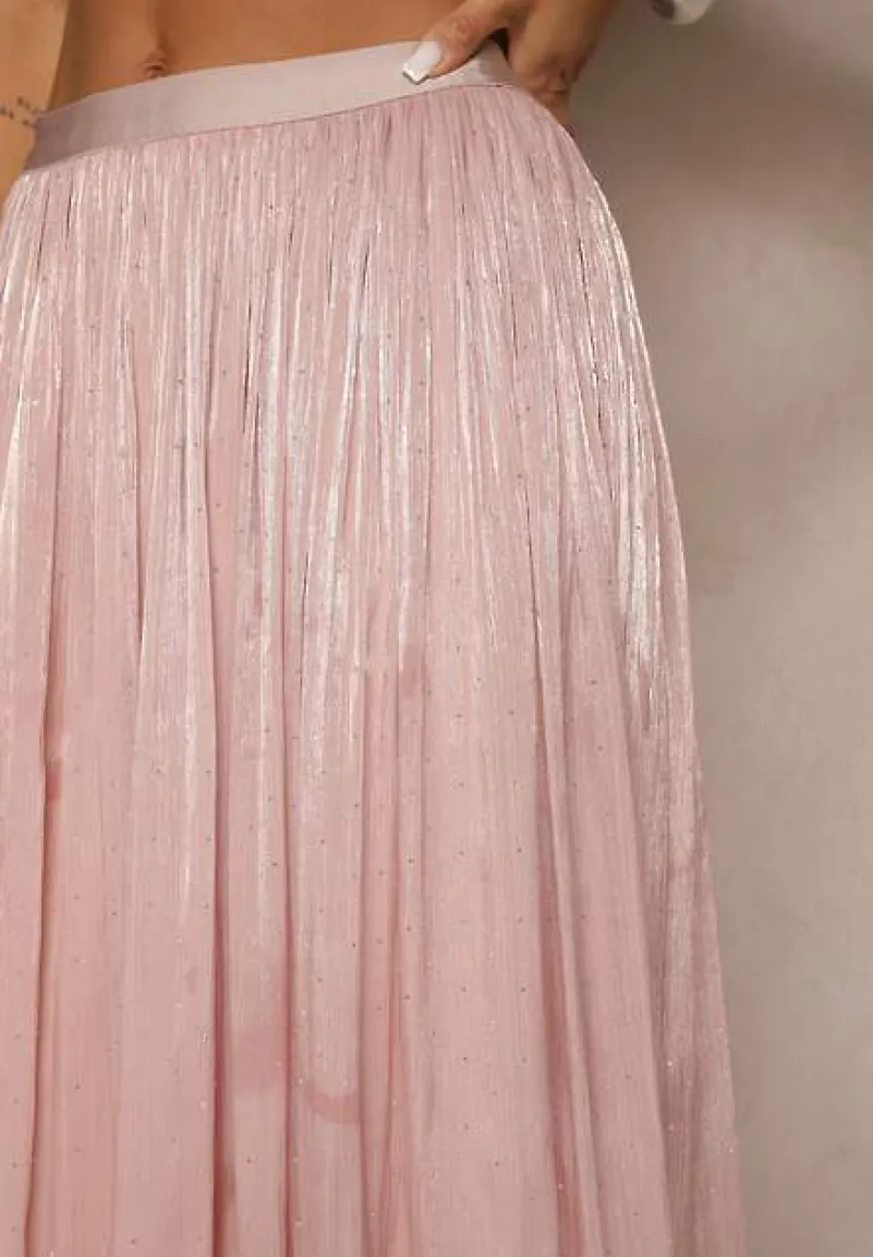 Różowa Spódnica o Rozkloszowanym Kroju z Ozdobnymi Cyrkoniami Folaressa