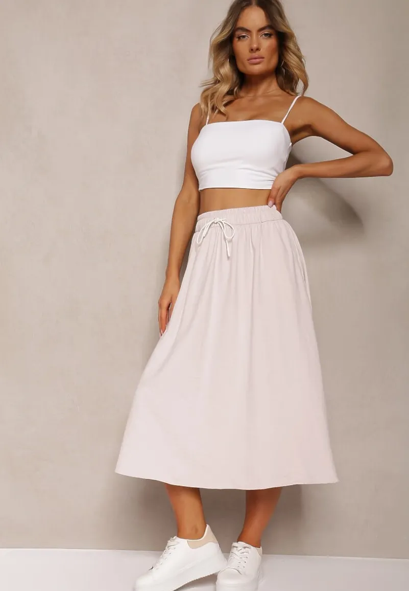 Różowa Spódnica o Rozkloszowanym Kroju Ściągana w Pasie Rigelia