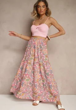 Różowa Spódnica Rozkloszowana High Waist z Motywem Paisley Nevolissa