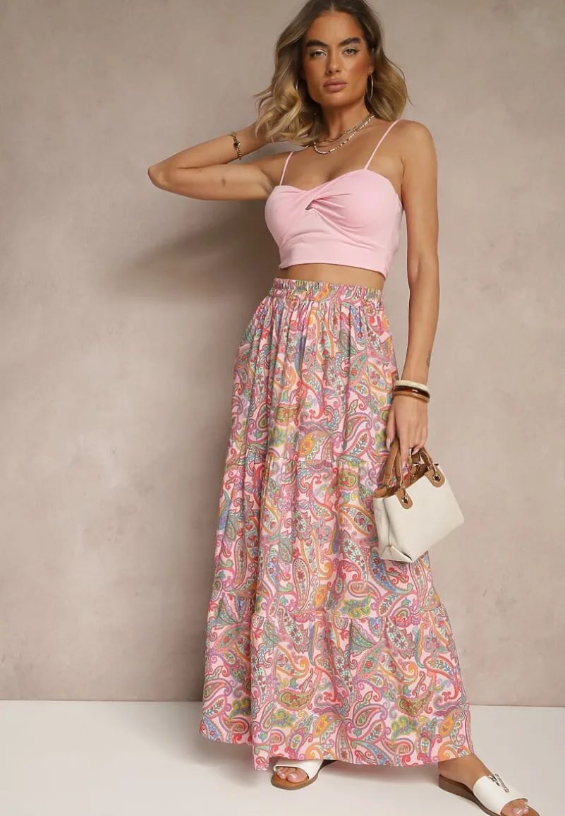 Różowa Spódnica Rozkloszowana High Waist z Motywem Paisley Nevolissa