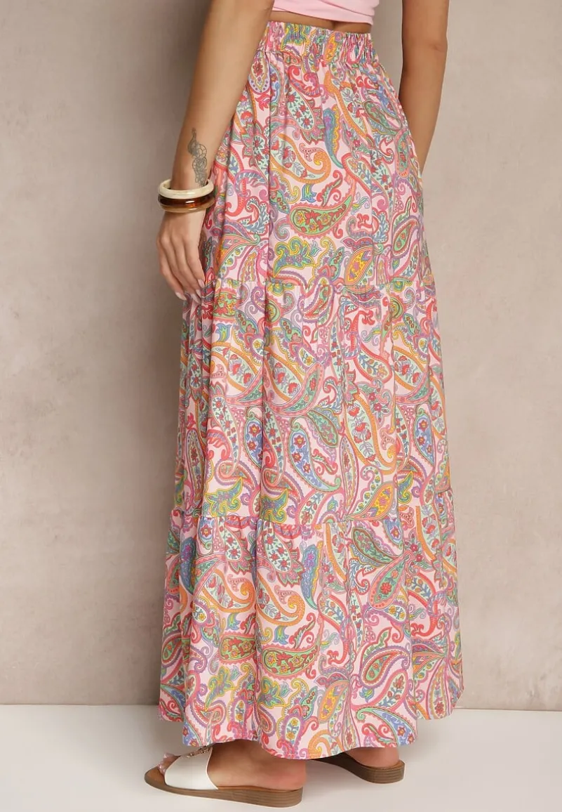 Różowa Spódnica Rozkloszowana High Waist z Motywem Paisley Nevolissa