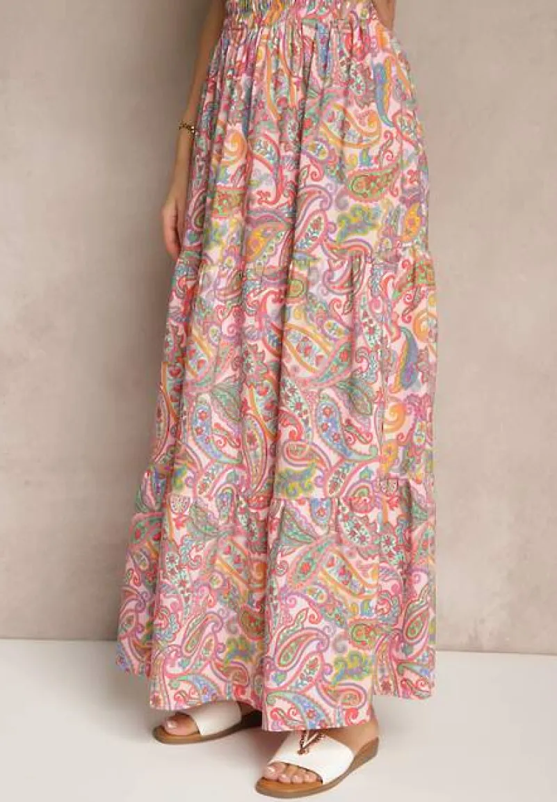 Różowa Spódnica Rozkloszowana High Waist z Motywem Paisley Nevolissa