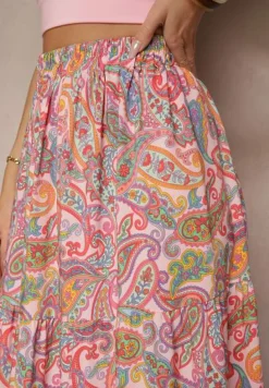 Różowa Spódnica Rozkloszowana High Waist z Motywem Paisley Nevolissa