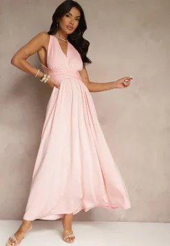 Różowa Sukienka Koktajlowa Multiway z Wiskozą Wiązana na Szyi Lilovea