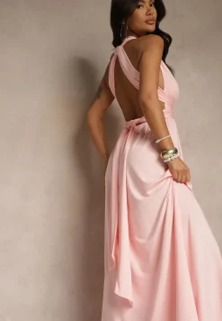 Różowa Sukienka Koktajlowa Multiway z Wiskozą Wiązana na Szyi Lilovea