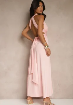 Różowa Sukienka Koktajlowa Multiway z Wiskozą Wiązana na Szyi Lilovea