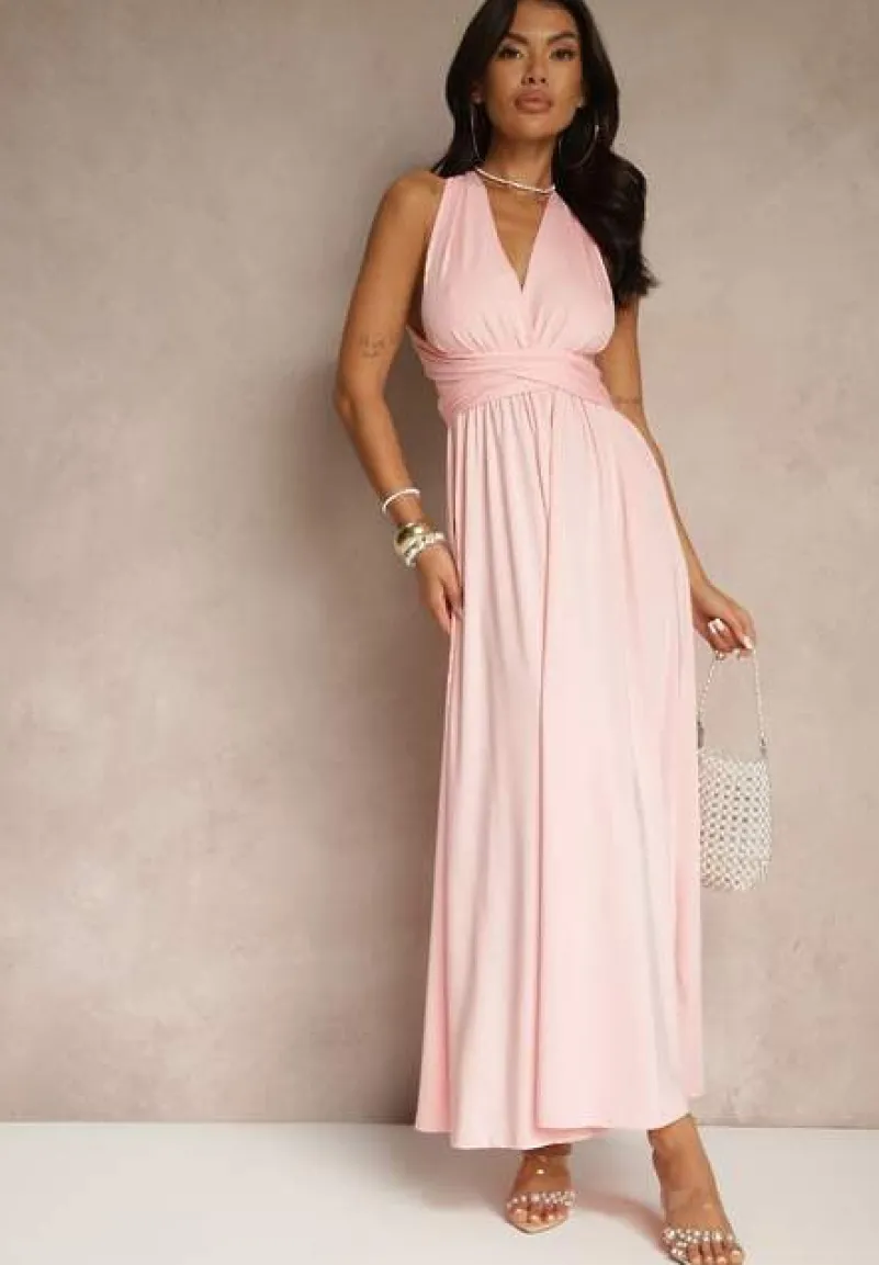 Różowa Sukienka Koktajlowa Multiway z Wiskozą Wiązana na Szyi Lilovea