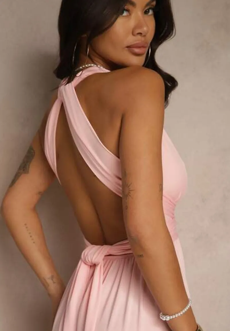 Różowa Sukienka Koktajlowa Multiway z Wiskozą Wiązana na Szyi Lilovea