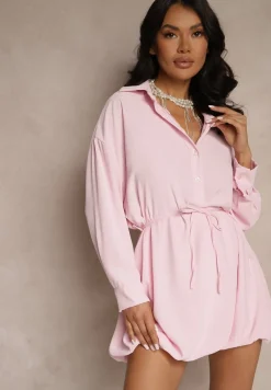 Różowa Sukienka Koszulowa o Fasonie Balloon z Wiązaniem w Talii Vorema