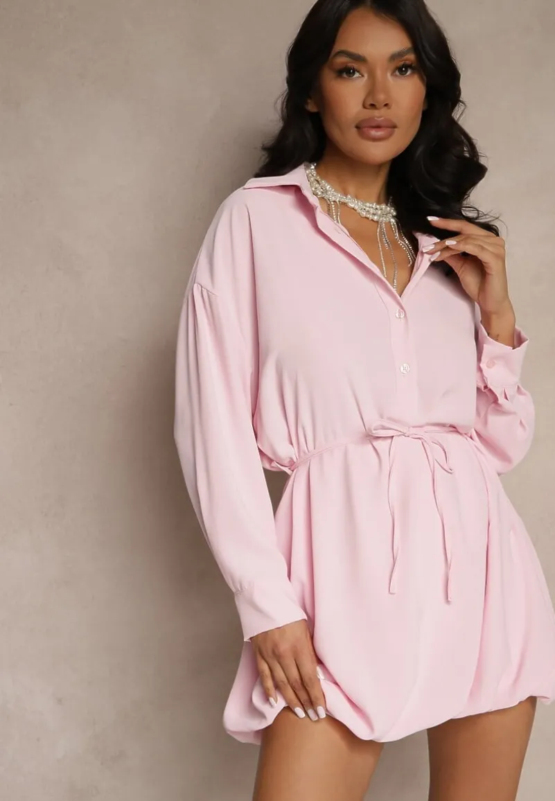 Różowa Sukienka Koszulowa o Fasonie Balloon z Wiązaniem w Talii Vorema