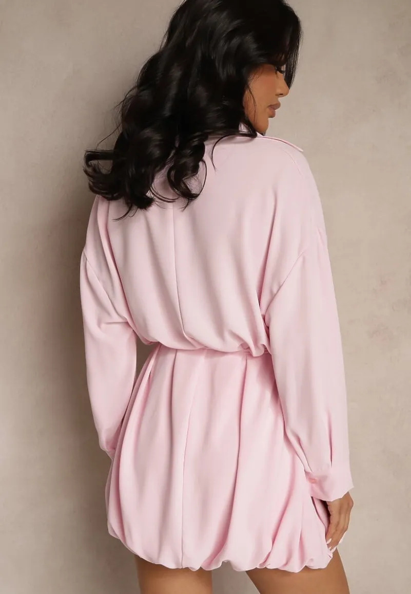 Różowa Sukienka Koszulowa o Fasonie Balloon z Wiązaniem w Talii Vorema