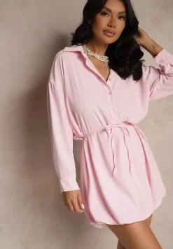 Różowa Sukienka Koszulowa o Fasonie Balloon z Wiązaniem w Talii Vorema