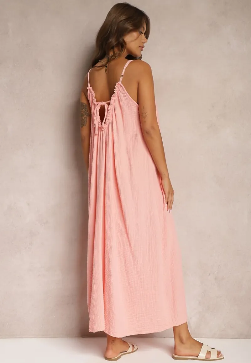 Różowa Sukienka Muślinowa z Bawełny na Ramiączkach z Regulacją i Wiązaniem przy Dekolcie Felisea