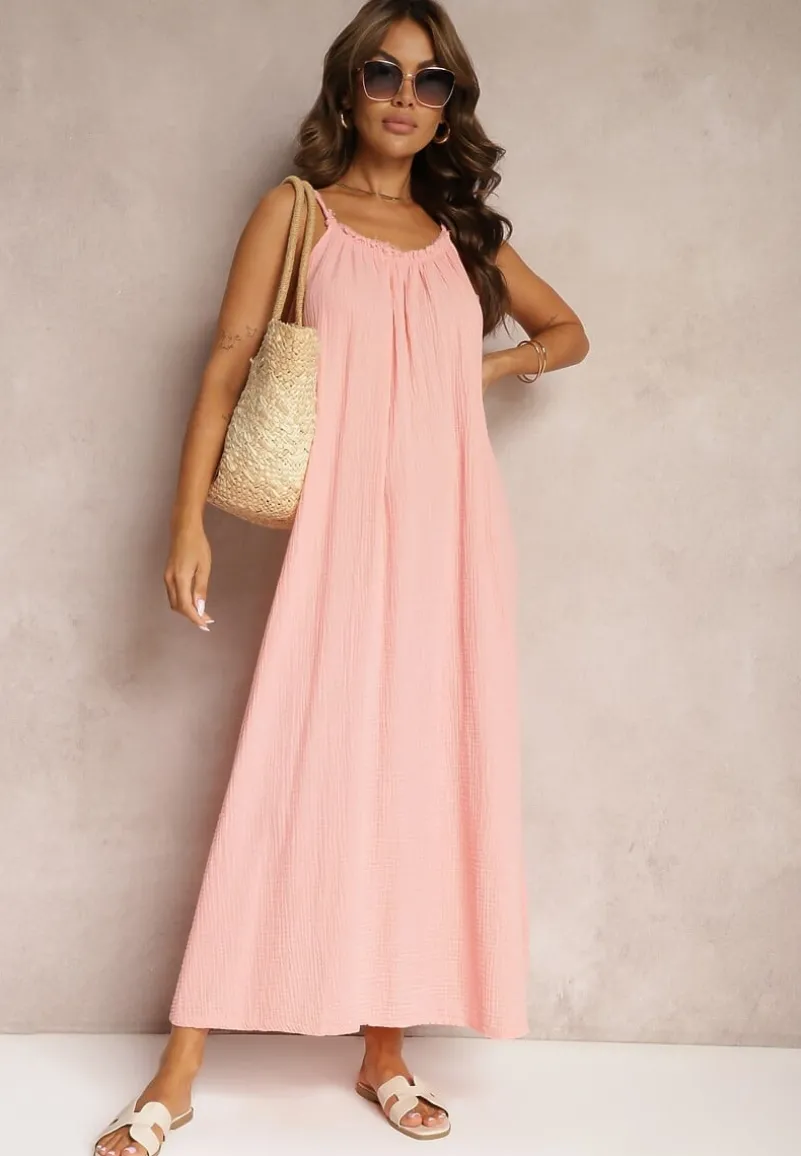 Różowa Sukienka Muślinowa z Bawełny na Ramiączkach z Regulacją i Wiązaniem przy Dekolcie Felisea