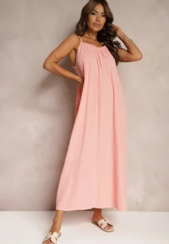 Różowa Sukienka Muślinowa z Bawełny na Ramiączkach z Regulacją i Wiązaniem przy Dekolcie Felisea