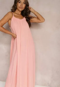 Różowa Sukienka Muślinowa z Bawełny na Ramiączkach z Regulacją i Wiązaniem przy Dekolcie Felisea