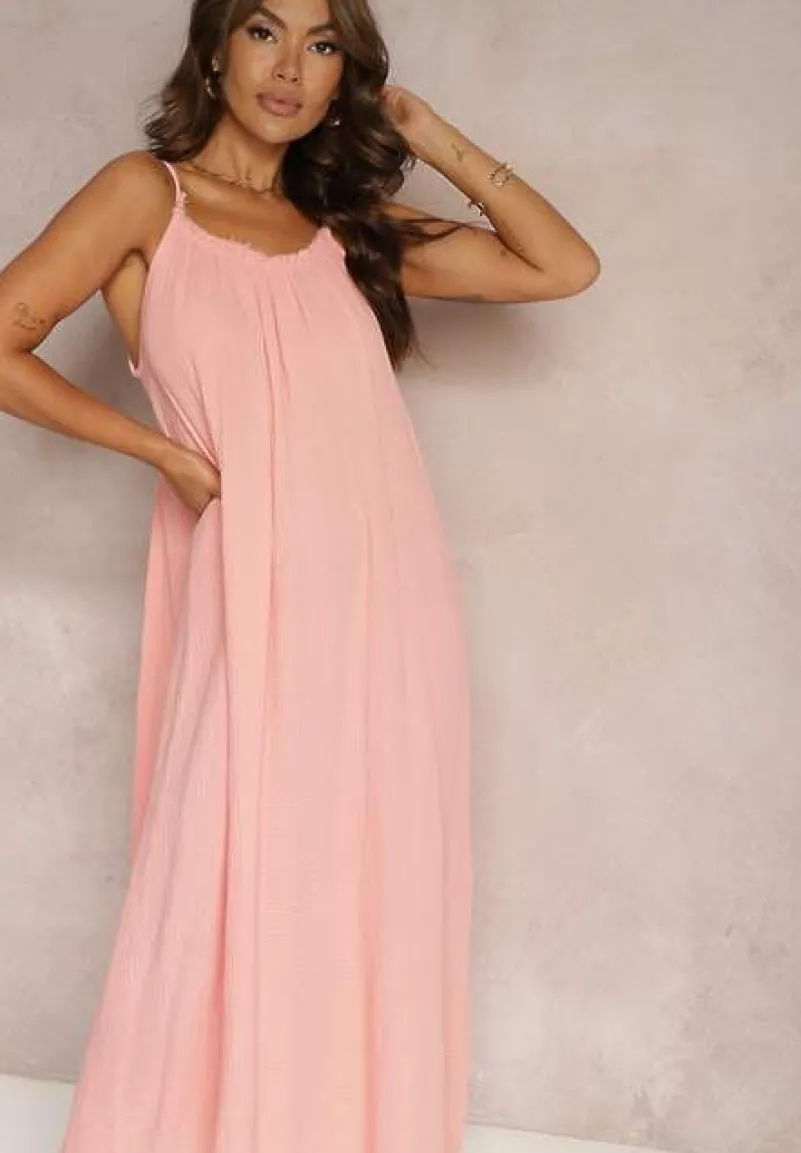 Różowa Sukienka Muślinowa z Bawełny na Ramiączkach z Regulacją i Wiązaniem przy Dekolcie Felisea