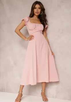 Różowa Sukienka o Rozkloszowanym Kroju z Wiązaniem Perolis