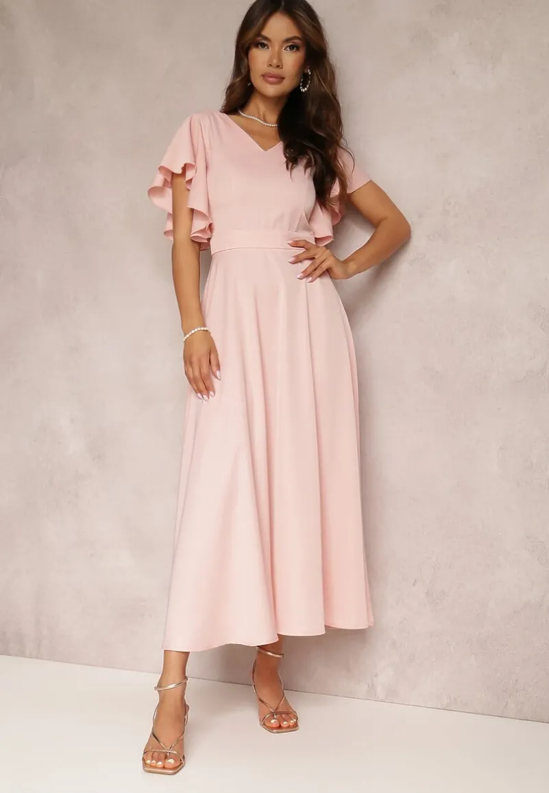Różowa Sukienka o Rozkloszowanym Kroju z Falbanami Bouchard