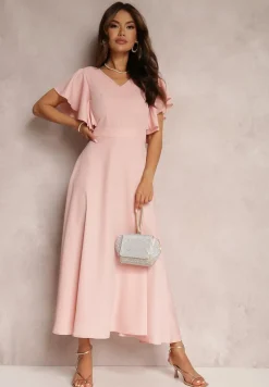 Różowa Sukienka o Rozkloszowanym Kroju z Falbanami Bouchard