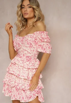 Różowa Sukienka o Rozkloszowanym Fasonie z Falbankami w Drobny Wzór Uveria