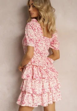 Różowa Sukienka o Rozkloszowanym Fasonie z Falbankami w Drobny Wzór Uveria