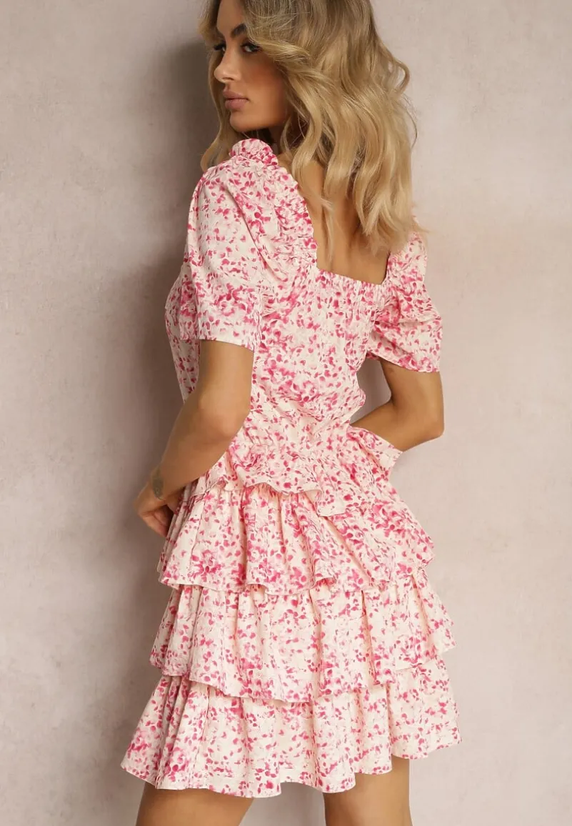 Różowa Sukienka o Rozkloszowanym Fasonie z Falbankami w Drobny Wzór Uveria