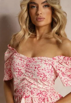 Różowa Sukienka o Rozkloszowanym Fasonie z Falbankami w Drobny Wzór Uveria