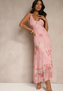 Różowa Sukienka Siateczkowa w Kwiaty Milosea