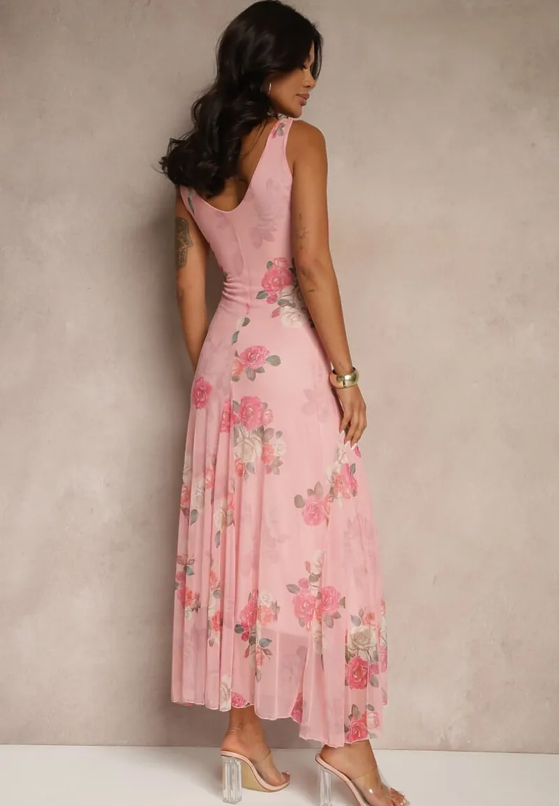 Różowa Sukienka Siateczkowa w Kwiaty Milosea