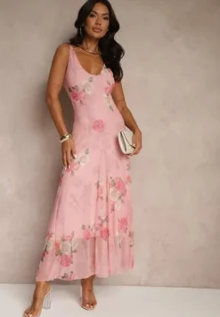 Różowa Sukienka Siateczkowa w Kwiaty Milosea