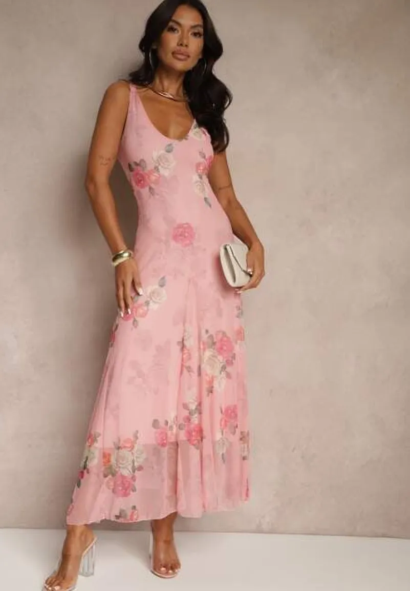 Różowa Sukienka Siateczkowa w Kwiaty Milosea