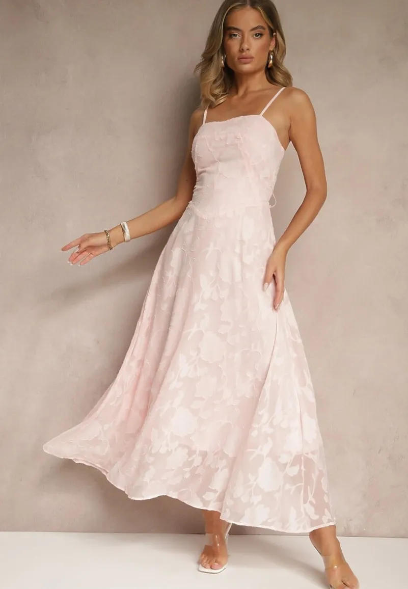 Różowa Sukienka Vices o Rozkloszowanym Kroju z Gorsetowym Wiązaniem Fenalisa