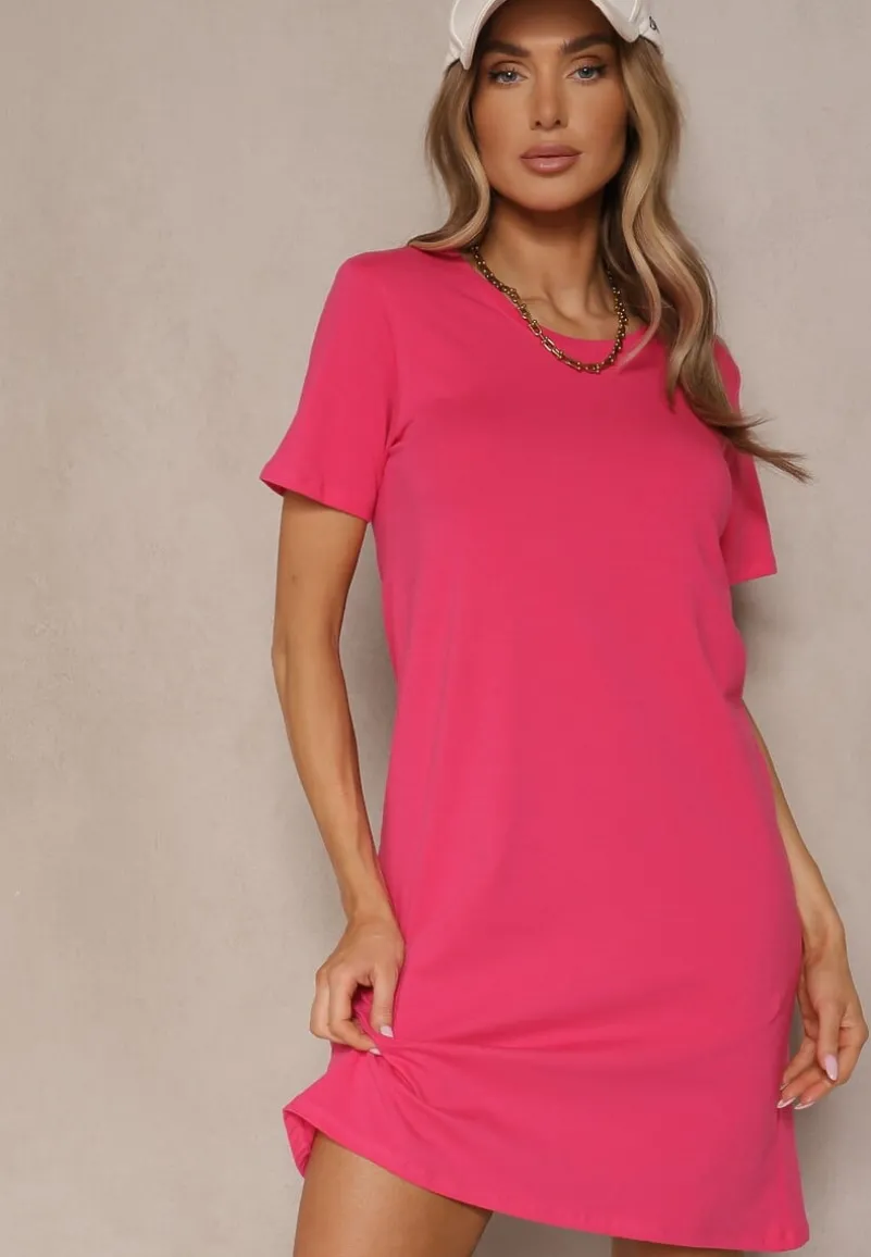Różowa Sukienka z Bawełny o T-shirtowym Fasonie Niliora