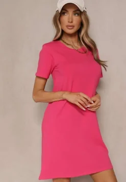 Różowa Sukienka z Bawełny o T-shirtowym Fasonie Niliora