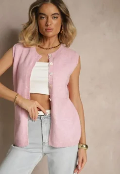 Różowa Sweterkowa Kamizelka z Wełną na Guziki Haliriela