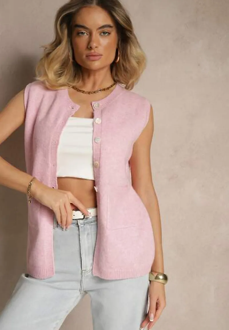 Różowa Sweterkowa Kamizelka z Wełną na Guziki Haliriela