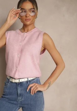 Różowa Sweterkowa Kamizelka z Wełną na Guziki Eralina