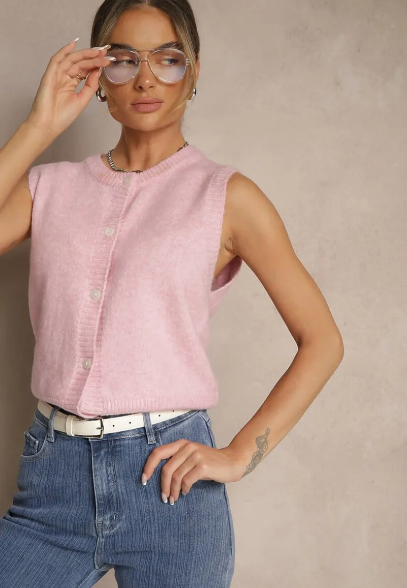 Różowa Sweterkowa Kamizelka z Wełną na Guziki Eralina