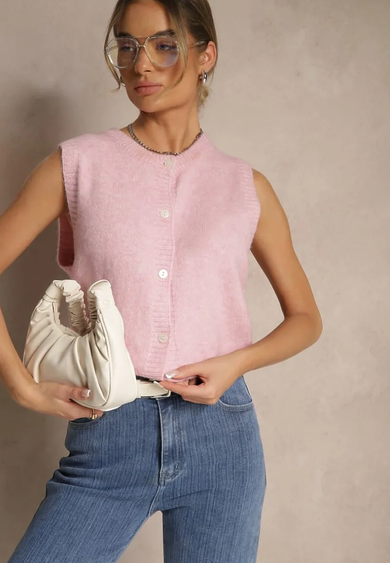 Różowa Sweterkowa Kamizelka z Wełną na Guziki Eralina