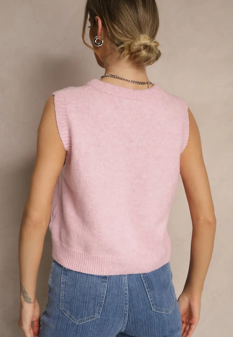 Różowa Sweterkowa Kamizelka z Wełną na Guziki Eralina
