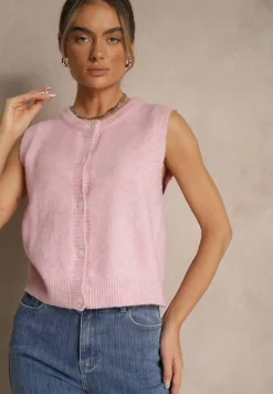 Różowa Sweterkowa Kamizelka z Wełną na Guziki Eralina