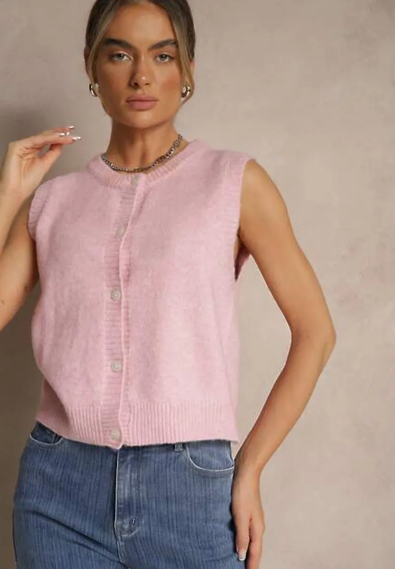 Różowa Sweterkowa Kamizelka z Wełną na Guziki Eralina