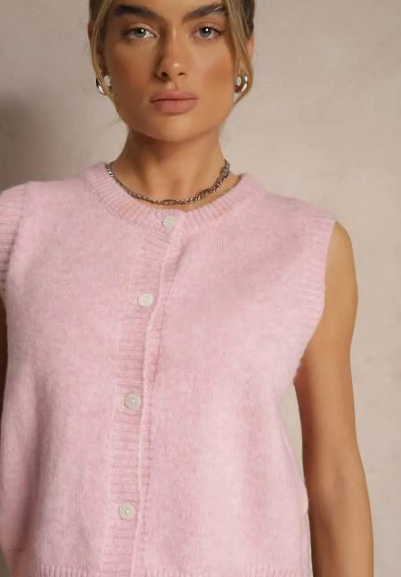 Różowa Sweterkowa Kamizelka z Wełną na Guziki Eralina