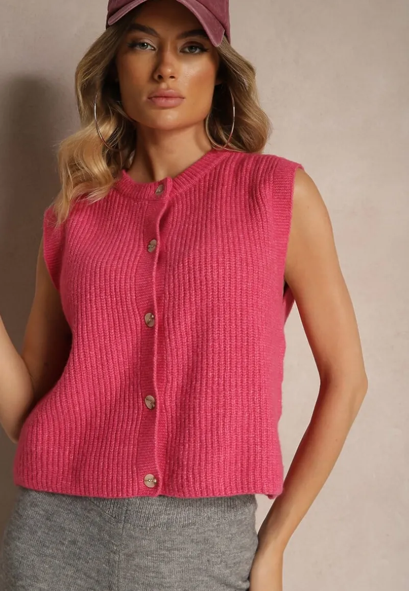 Różowa Sweterkowa Kamizelka z Domieszką Wełny i Zapięciem na Guziki Savanira