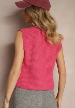 Różowa Sweterkowa Kamizelka z Domieszką Wełny i Zapięciem na Guziki Savanira