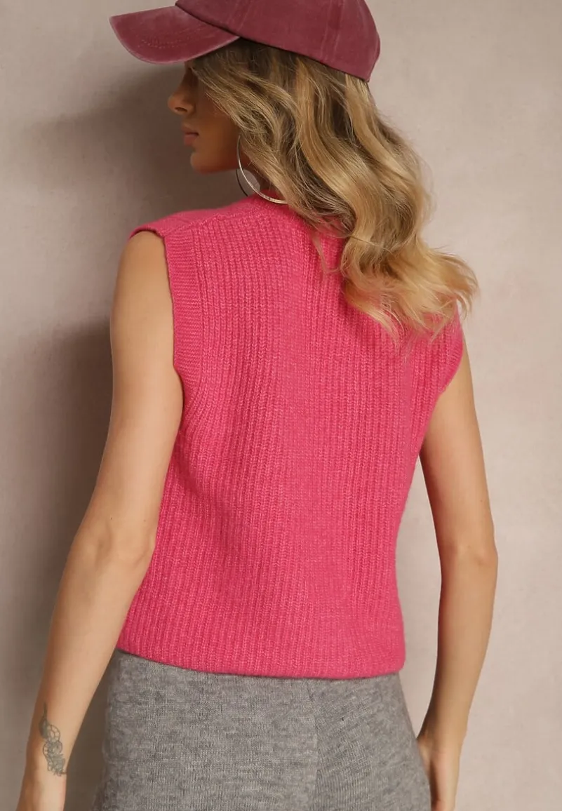 Różowa Sweterkowa Kamizelka z Domieszką Wełny i Zapięciem na Guziki Savanira